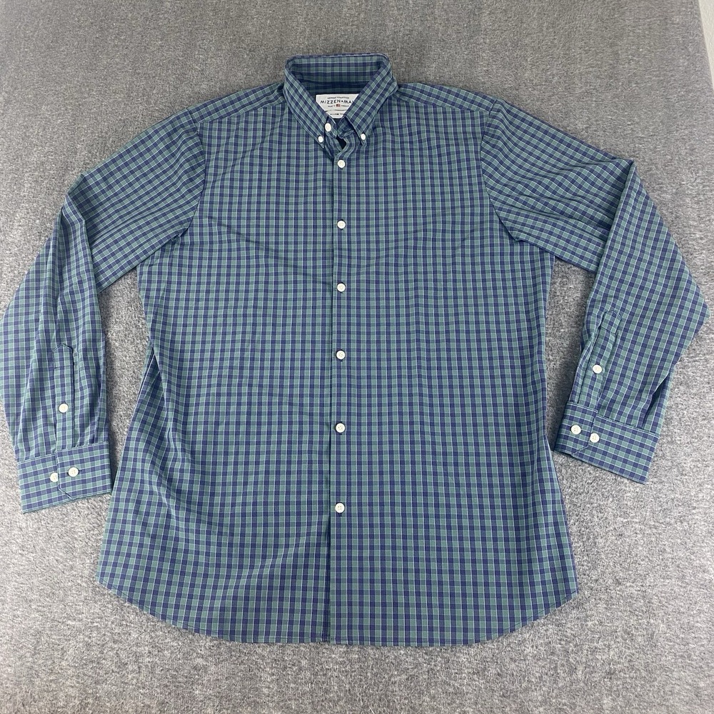 Mizzen+Main Leeward Shirt XXL Trim Fit Blue Green Check Stretch USA 2XL